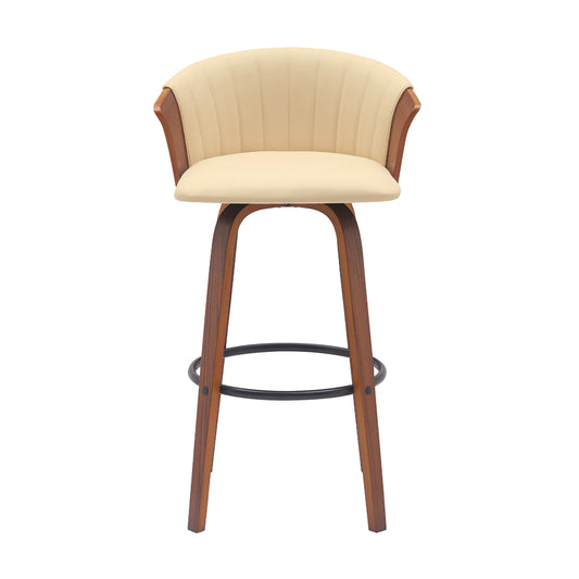 30" Cream And Wood Brown Faux Leather Swivel Bar Height Bar Chair - Loft&Timber