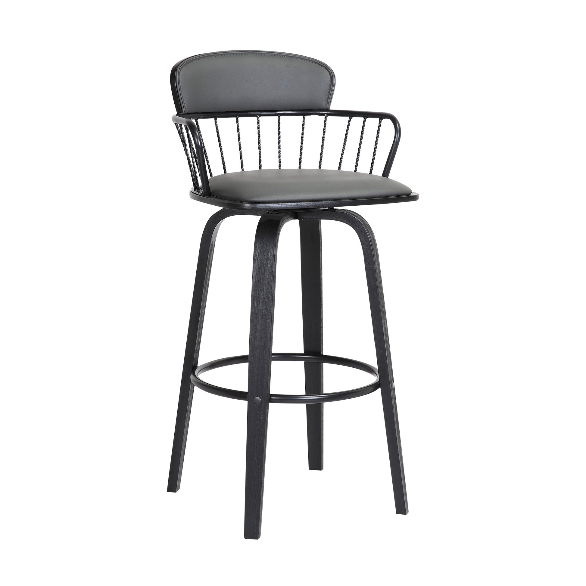 30" Gray And Black Faux Leather Swivel Low Back Bar Height Bar Chair - Loft&Timber