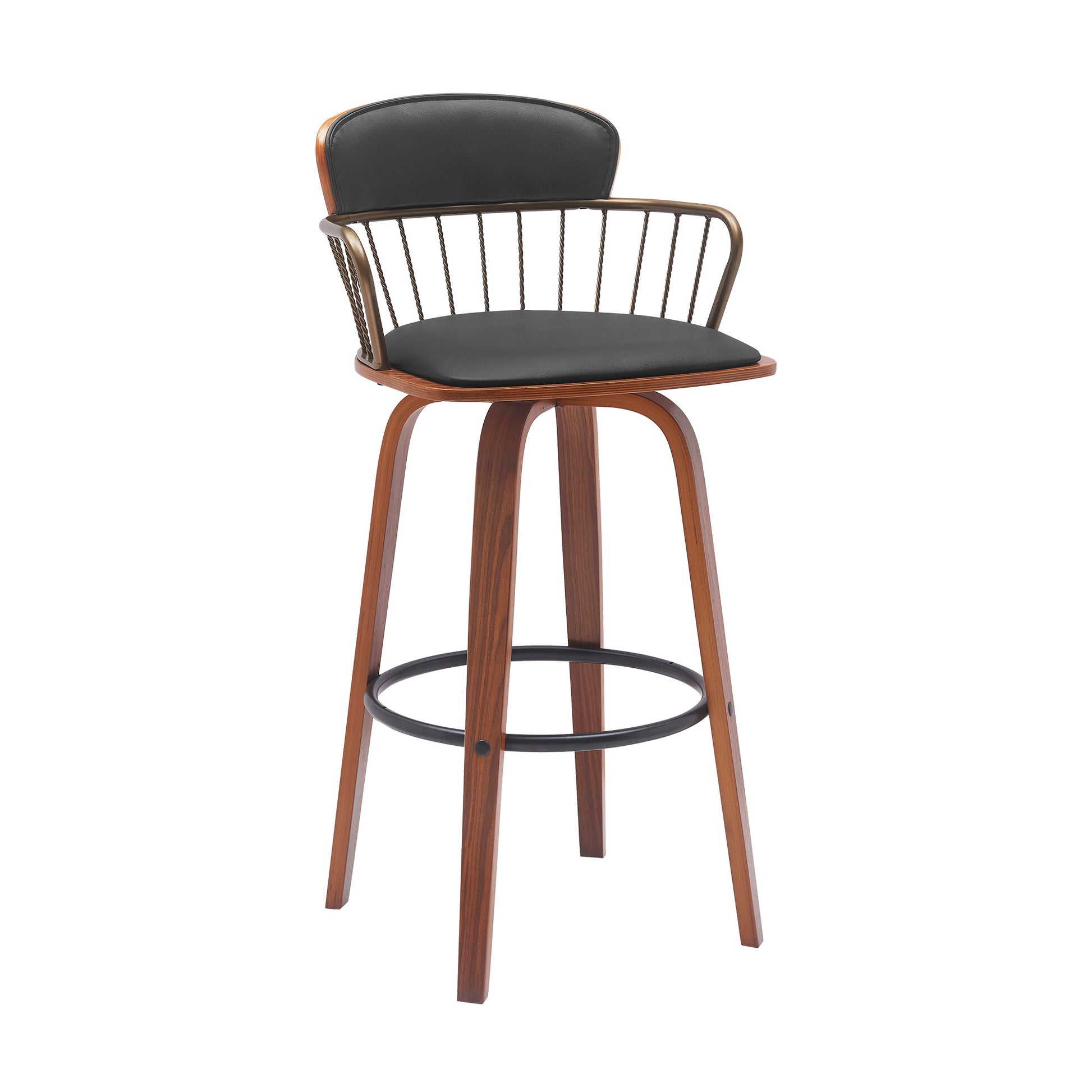 30" Black And Wood Brown Faux Leather Swivel Low Back Bar Height Bar Chair - Loft&Timber