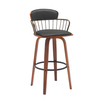 30" Black And Wood Brown Faux Leather Swivel Low Back Bar Height Bar Chair - Loft&Timber