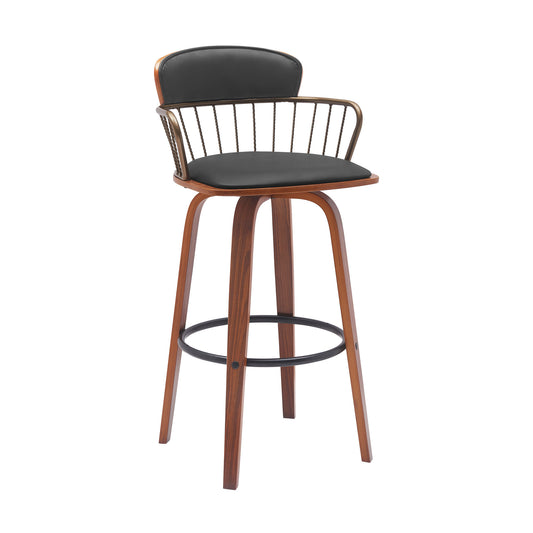 30" Black And Wood Brown Faux Leather Swivel Low Back Bar Height Bar Chair - Loft&Timber