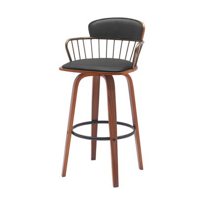30" Black And Wood Brown Faux Leather Swivel Low Back Bar Height Bar Chair - Loft&Timber