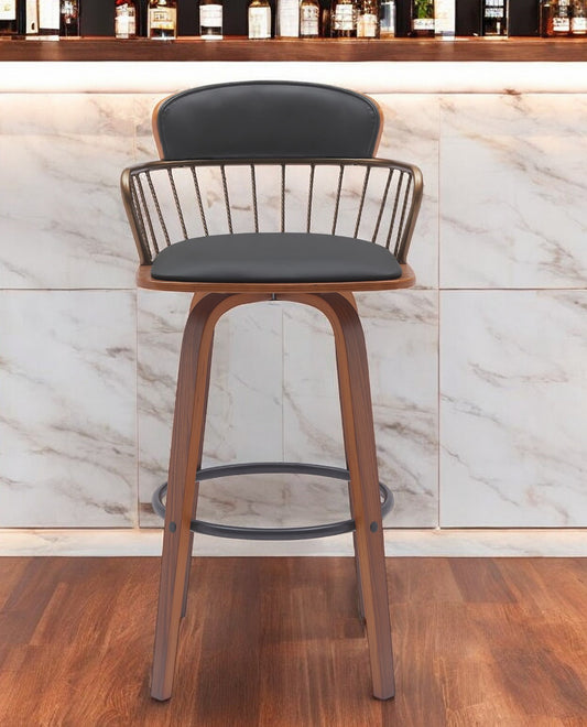 30" Black And Wood Brown Faux Leather Swivel Low Back Bar Height Bar Chair - Loft&Timber
