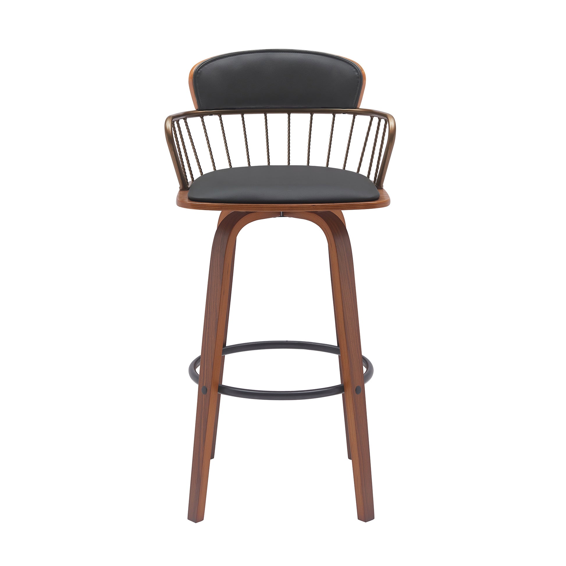 30" Black And Wood Brown Faux Leather Swivel Low Back Bar Height Bar Chair - Loft&Timber