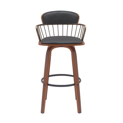 30" Black And Wood Brown Faux Leather Swivel Low Back Bar Height Bar Chair - Loft&Timber
