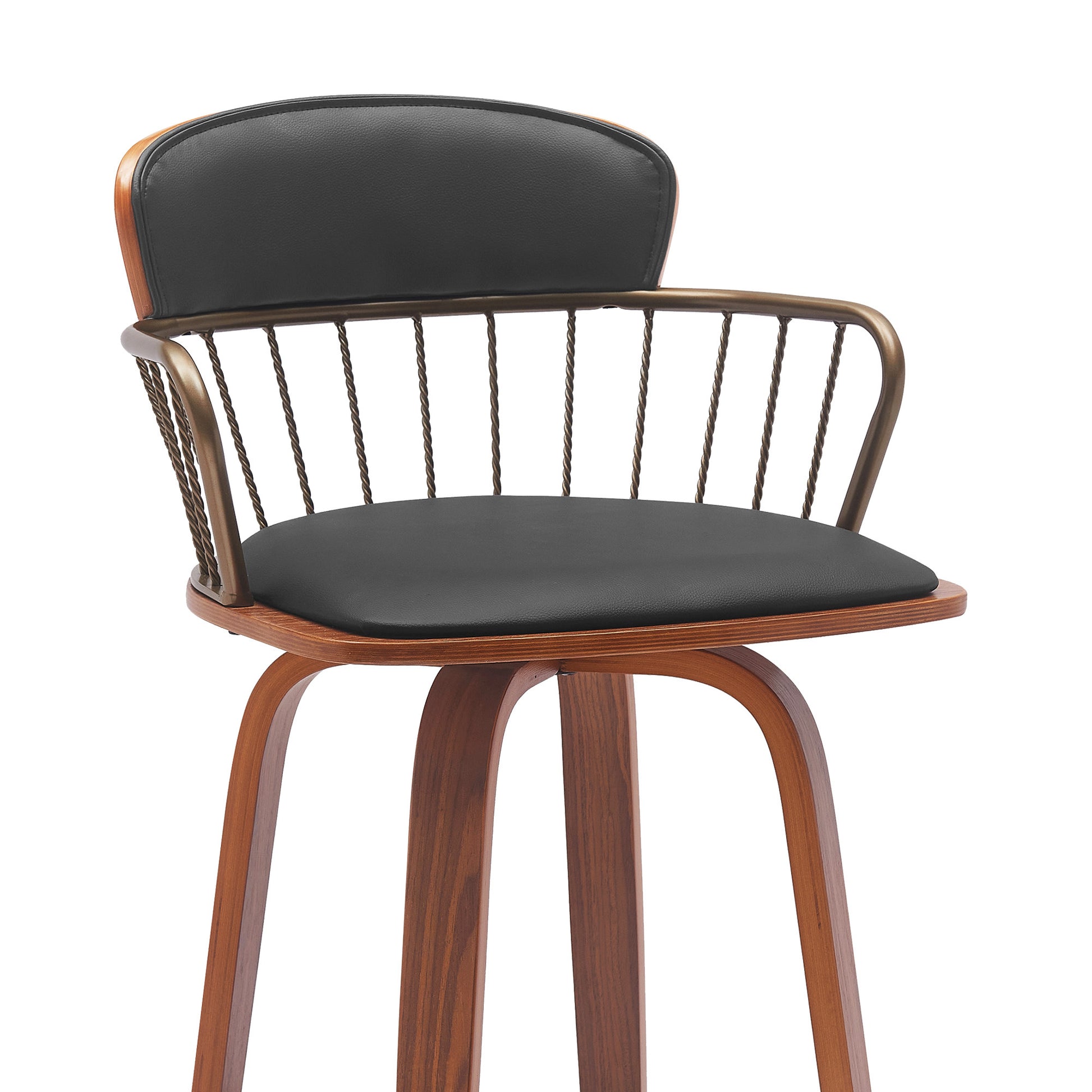 30" Black And Wood Brown Faux Leather Swivel Low Back Bar Height Bar Chair - Loft&Timber