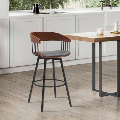 31" Gray and Black Faux Leather with Metal Swivel Bar Height Bar Chair - Loft&Timber