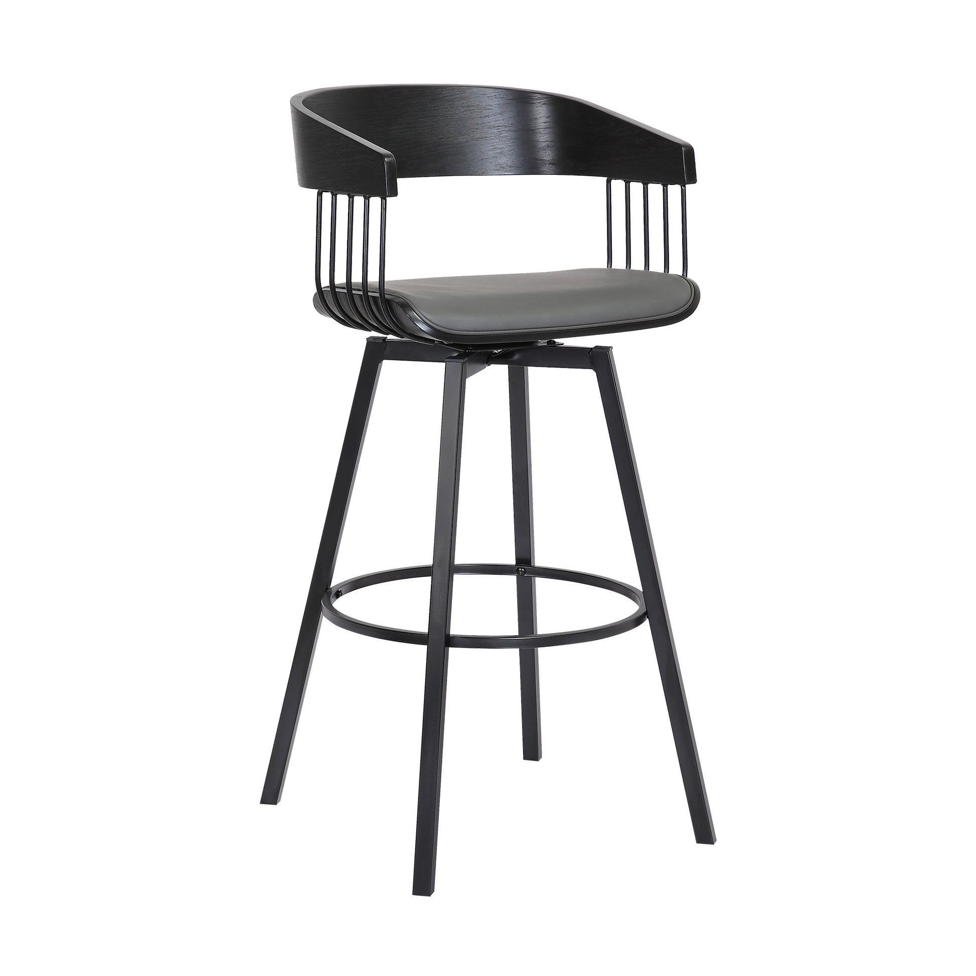 31" Gray and Black Faux Leather with Metal Swivel Bar Height Bar Chair - Loft&Timber