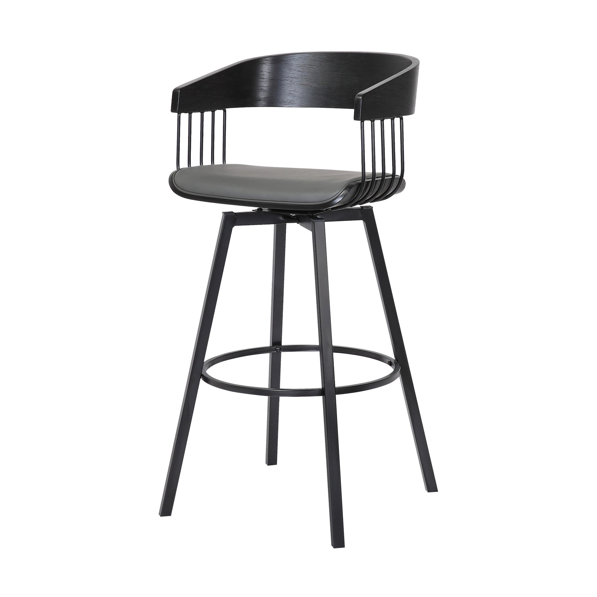 31" Gray and Black Faux Leather with Metal Swivel Bar Height Bar Chair - Loft&Timber