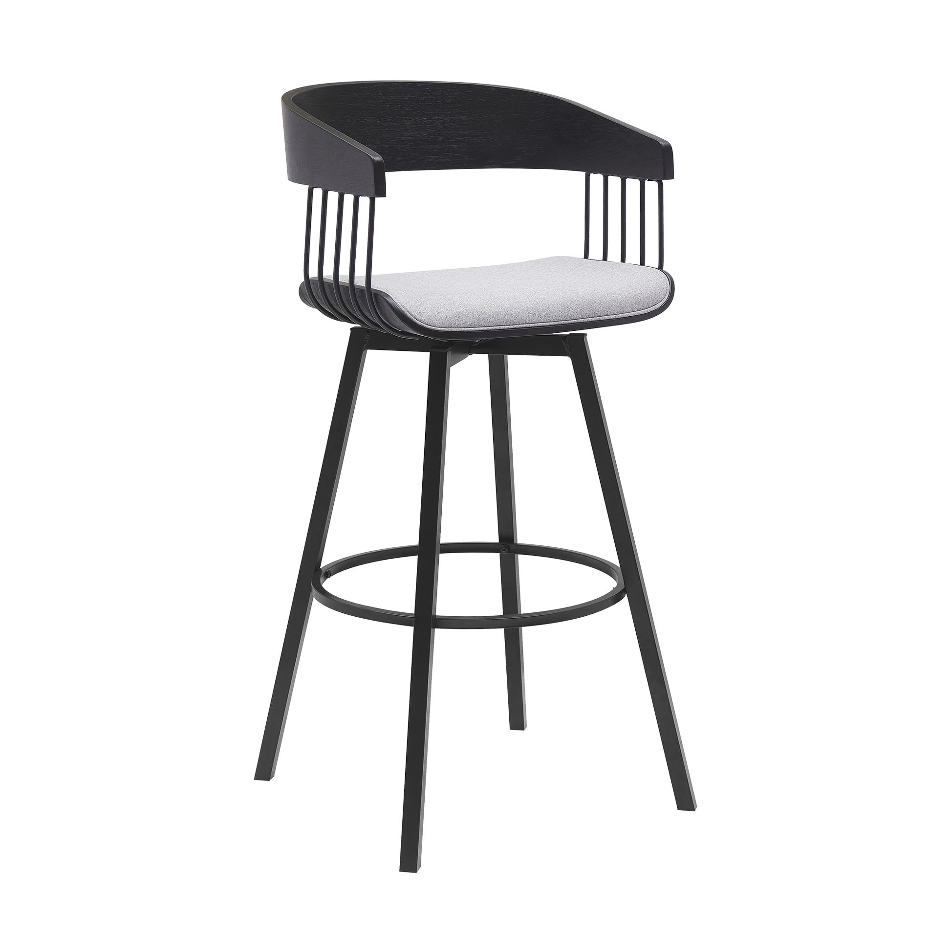 31" Light Gray and Black Fabric with Metal Swivel Bar Height Bar Chair - Loft&Timber