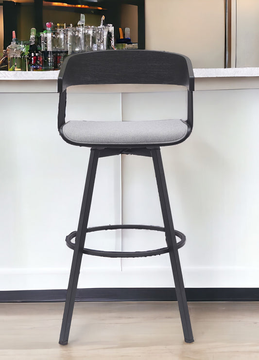31" Light Gray and Black Fabric with Metal Swivel Bar Height Bar Chair - Loft&Timber