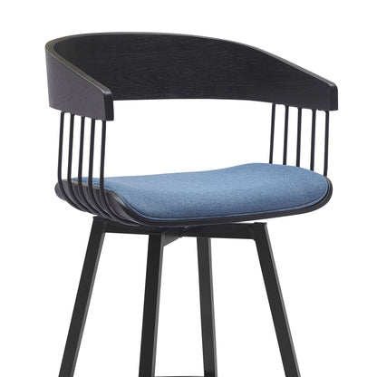 31" Blue and Black Fabric with Metal Swivel Bar Height Bar Chair - Loft&Timber