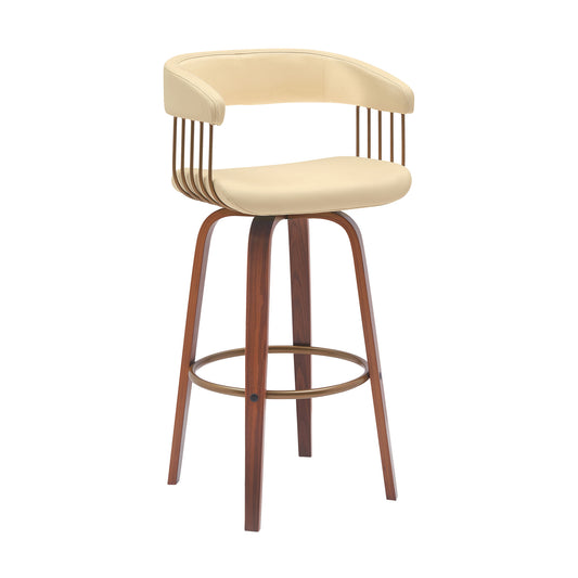 31" Cream And Wood Brown Faux Leather Swivel Bar Height Bar Chair - Loft&Timber