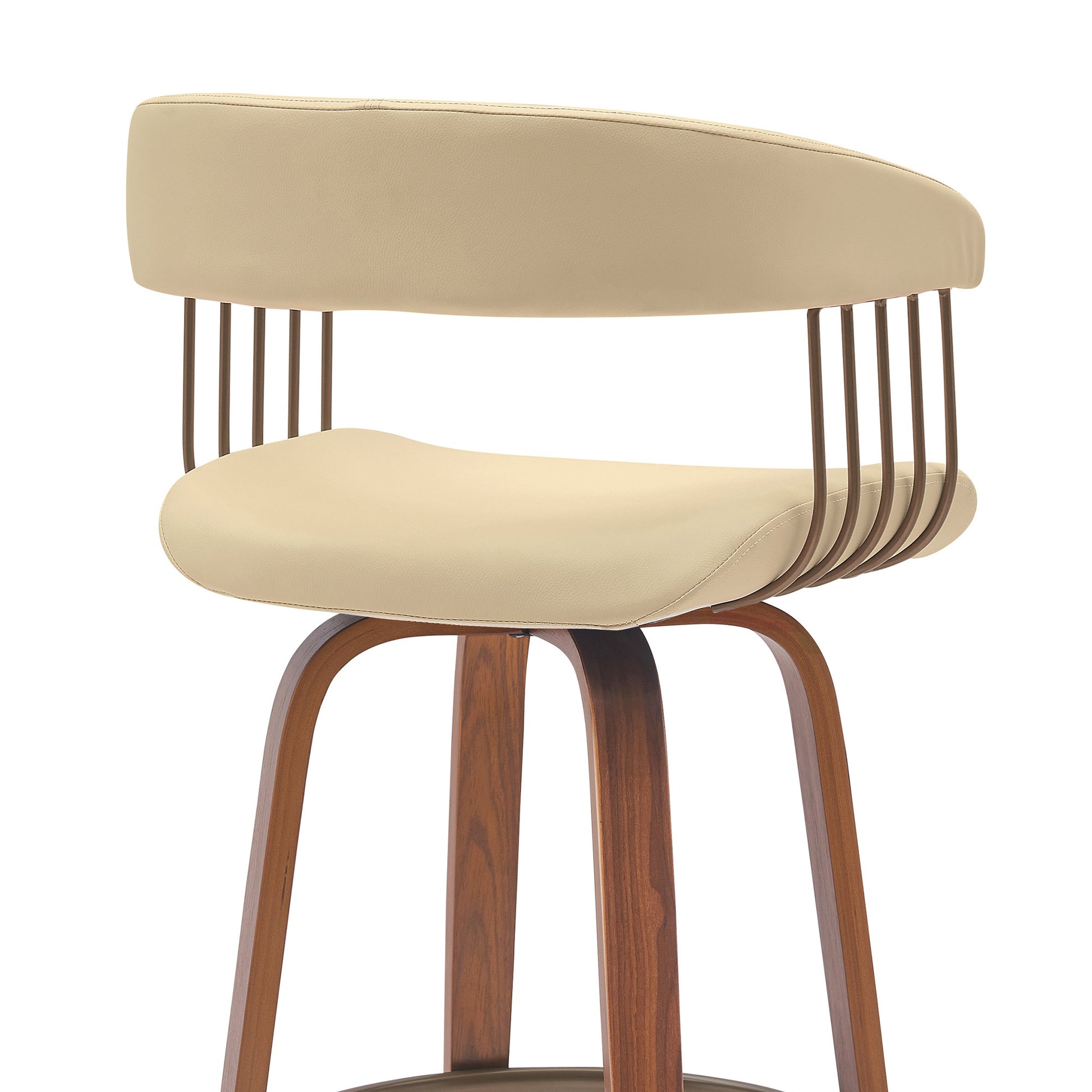 31" Cream And Wood Brown Faux Leather Swivel Bar Height Bar Chair - Loft&Timber