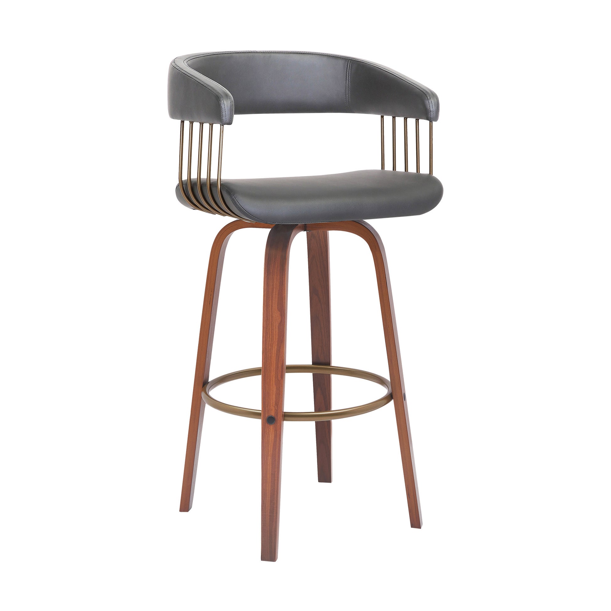 31" Gray And Wood Brown Faux Leather Swivel Bar Height Bar Chair - Loft&Timber