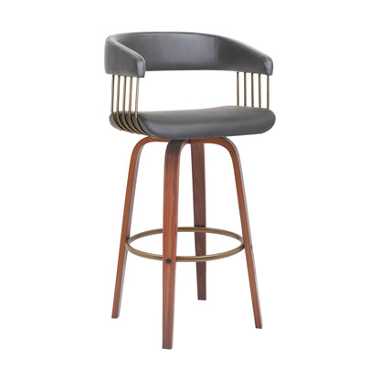 31" Gray And Wood Brown Faux Leather Swivel Bar Height Bar Chair - Loft&Timber