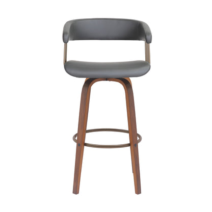 31" Gray And Wood Brown Faux Leather Swivel Bar Height Bar Chair - Loft&Timber