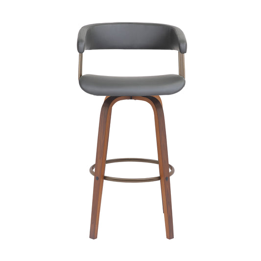 31" Gray And Wood Brown Faux Leather Swivel Bar Height Bar Chair - Loft&Timber