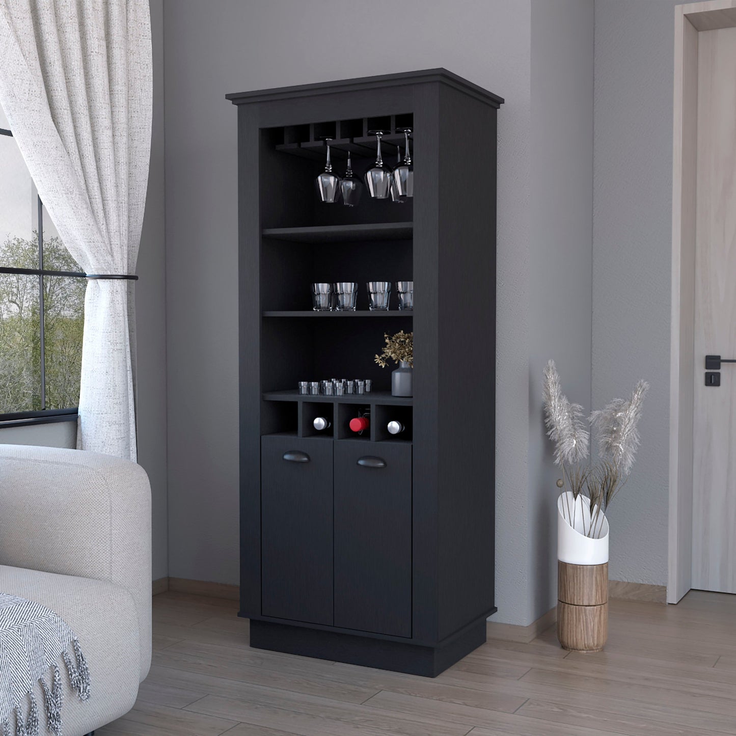 70" Black Bar Cabinet With Wine Storage - Loft&Timber