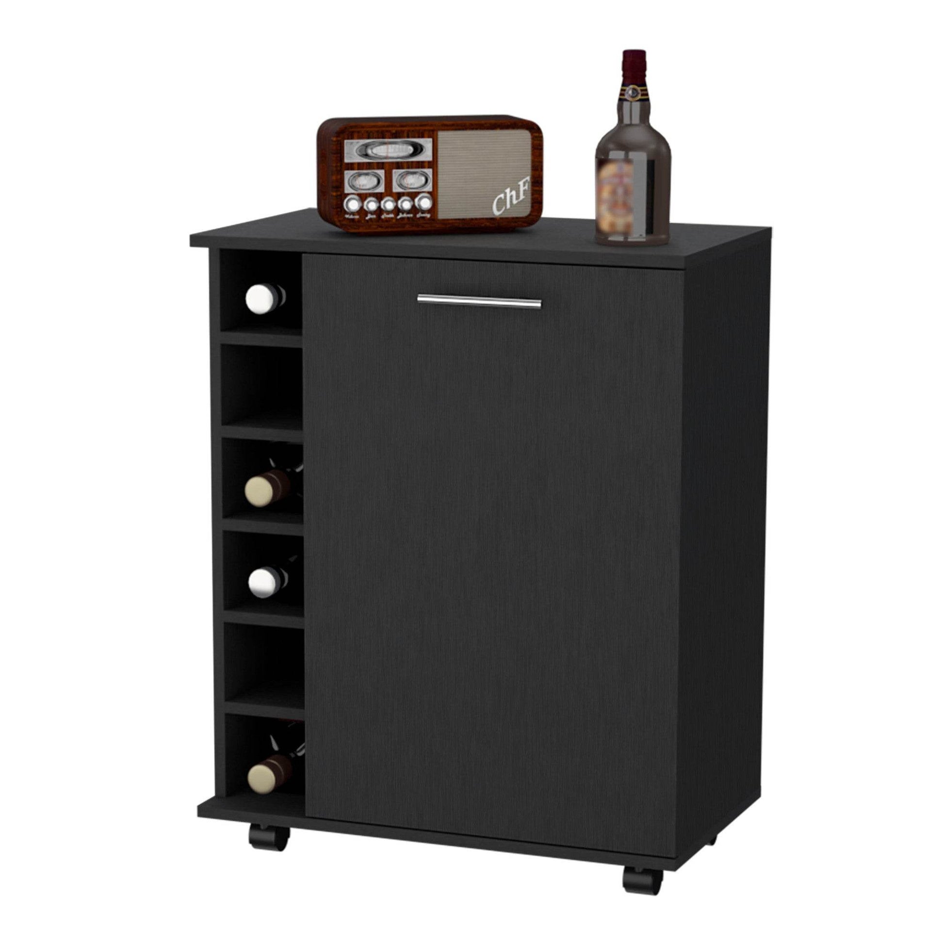 Black Rolling Bar Cart With Wine Storage - Loft&Timber