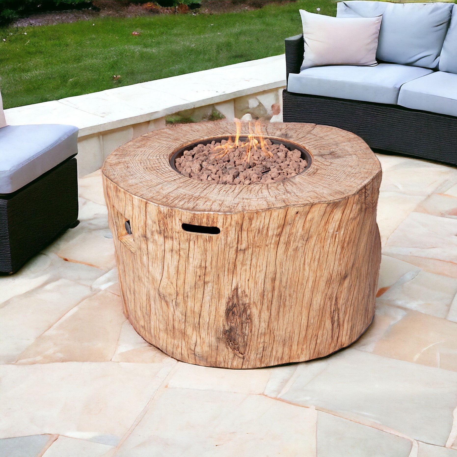 37" Brown Faux Wood Stump Propane Round Fire pit With Cover - Loft&Timber