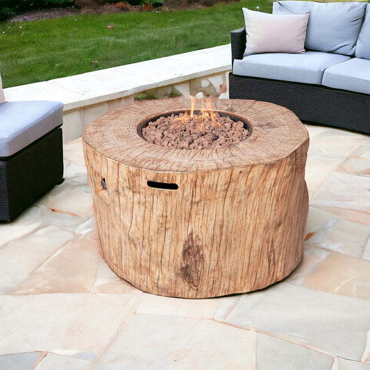 37" Brown Faux Wood Stump Propane Round Fire pit With Cover - Loft&Timber