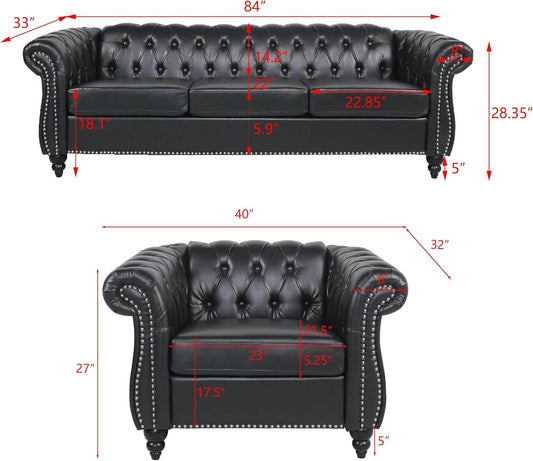 Modern Black Faux Leather Tufted Sofa Chair Set-1