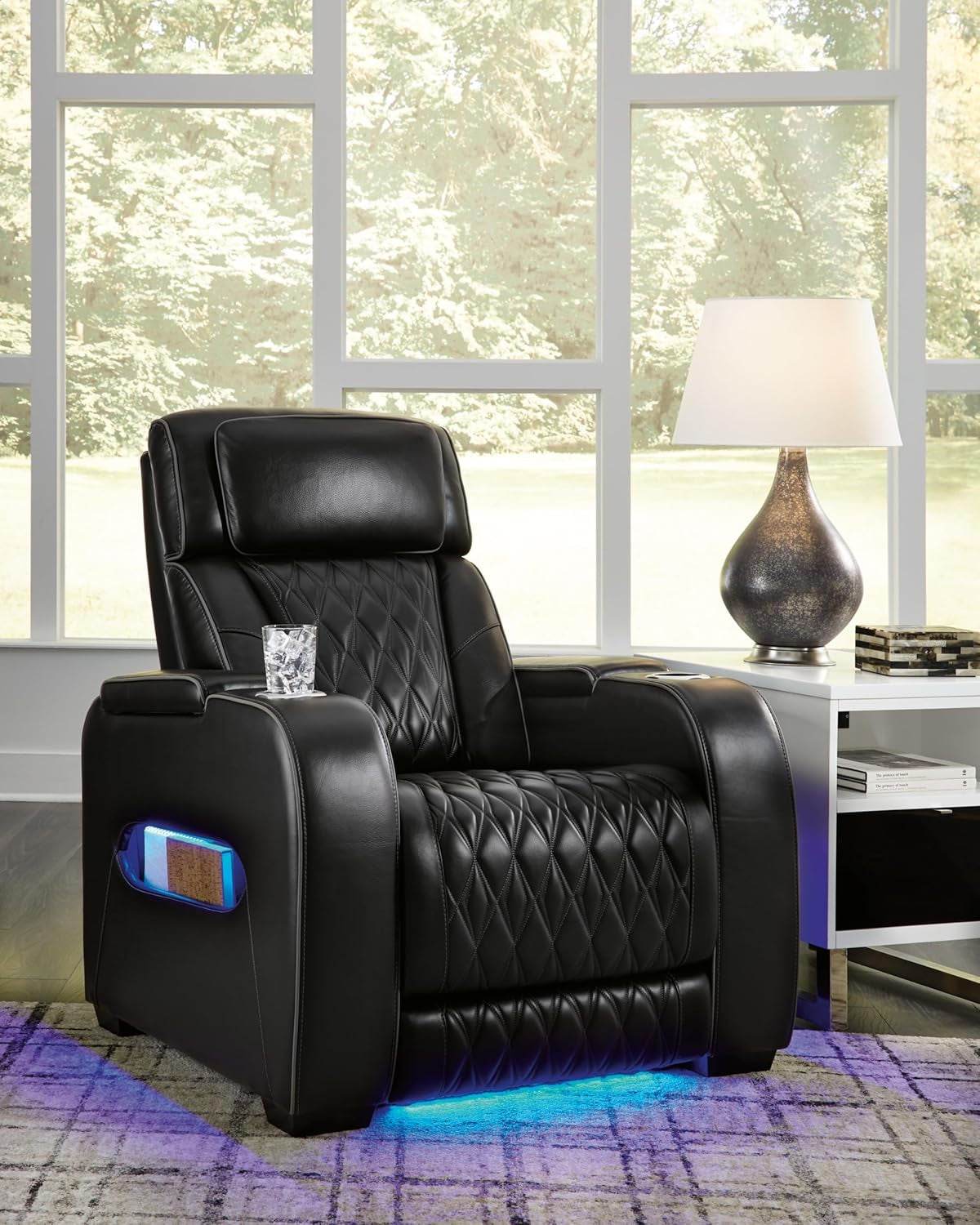 Boyington Contemporary Leather Match Power Recliner with Adjustable Headrest, Black - Loft&Timber