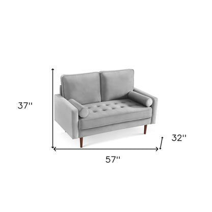 57" Gray And Dark Brown Velvet Loveseat and Toss Pillows - Loft&Timber