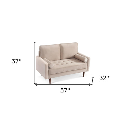57" Beige And Dark Brown Velvet Loveseat and Toss Pillows - Loft&Timber