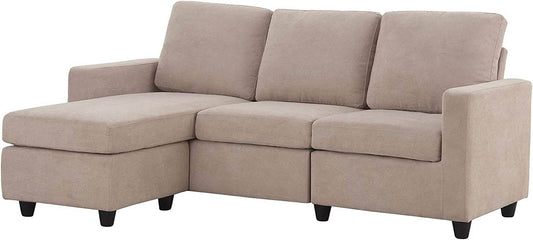 Dark Beige Linen L-Shaped Sectional, Reversible Couch - Loft&Timber