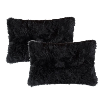 Set of Two 12" X 20" Black Sheepskin Lumbar Throw Pillows - Loft&Timber
