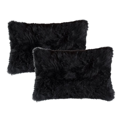 Set of Two 12" X 20" Black Sheepskin Lumbar Throw Pillows - Loft&Timber