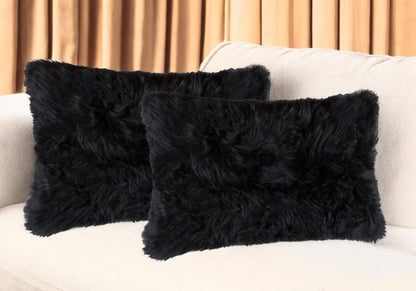 Set of Two 12" X 20" Black Sheepskin Lumbar Throw Pillows - Loft&Timber