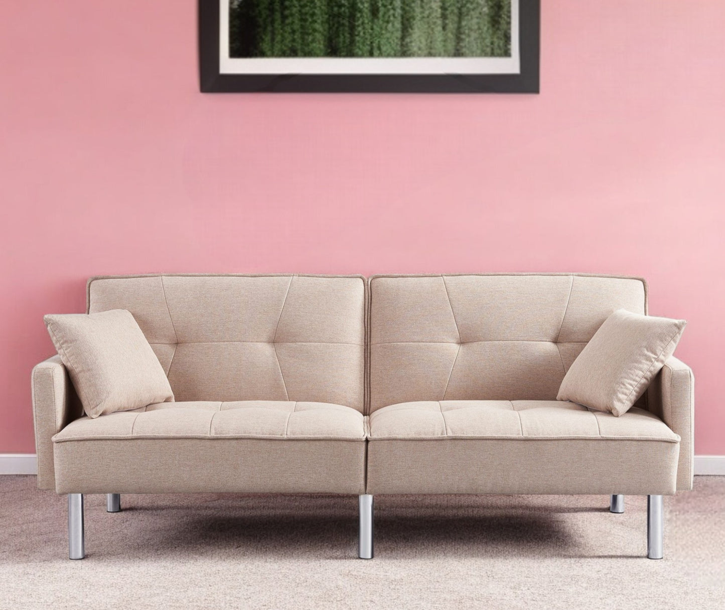 85" Beige Polyester Blend Convertible Futon Sleeper Sofa And Toss Pillows With Silver Legs - Loft&Timber