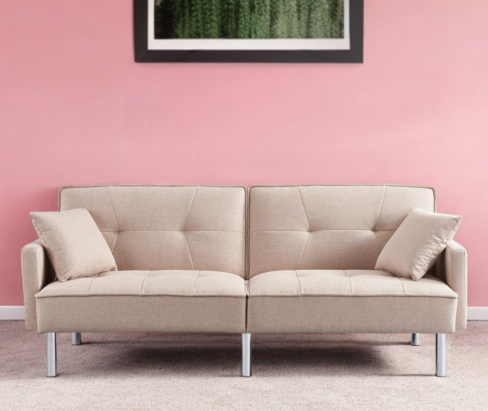 85" Beige Polyester Blend Convertible Futon Sleeper Sofa And Toss Pillows With Silver Legs - Loft&Timber