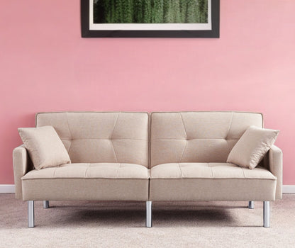 85" Beige Polyester Blend Convertible Futon Sleeper Sofa And Toss Pillows With Silver Legs - Loft&Timber