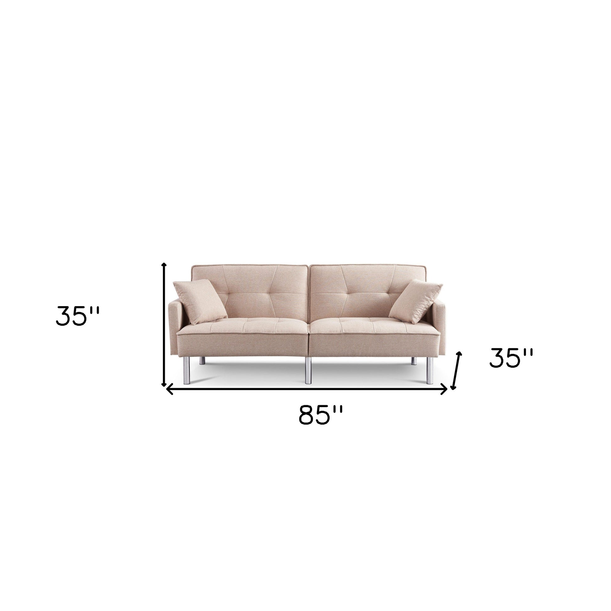 85" Beige Polyester Blend Convertible Futon Sleeper Sofa And Toss Pillows With Silver Legs - Loft&Timber