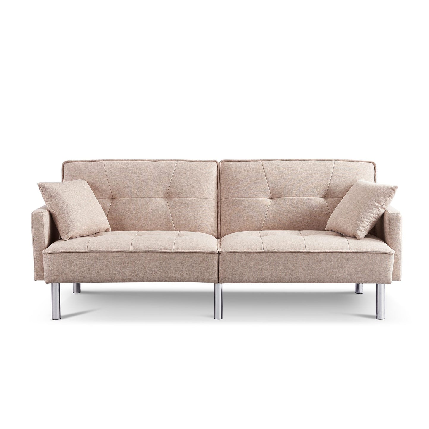 85" Beige Polyester Blend Convertible Futon Sleeper Sofa And Toss Pillows With Silver Legs - Loft&Timber