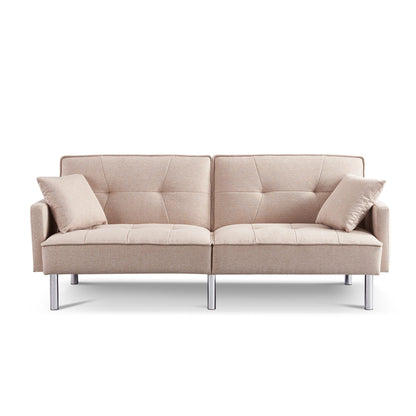 85" Beige Polyester Blend Convertible Futon Sleeper Sofa And Toss Pillows With Silver Legs - Loft&Timber
