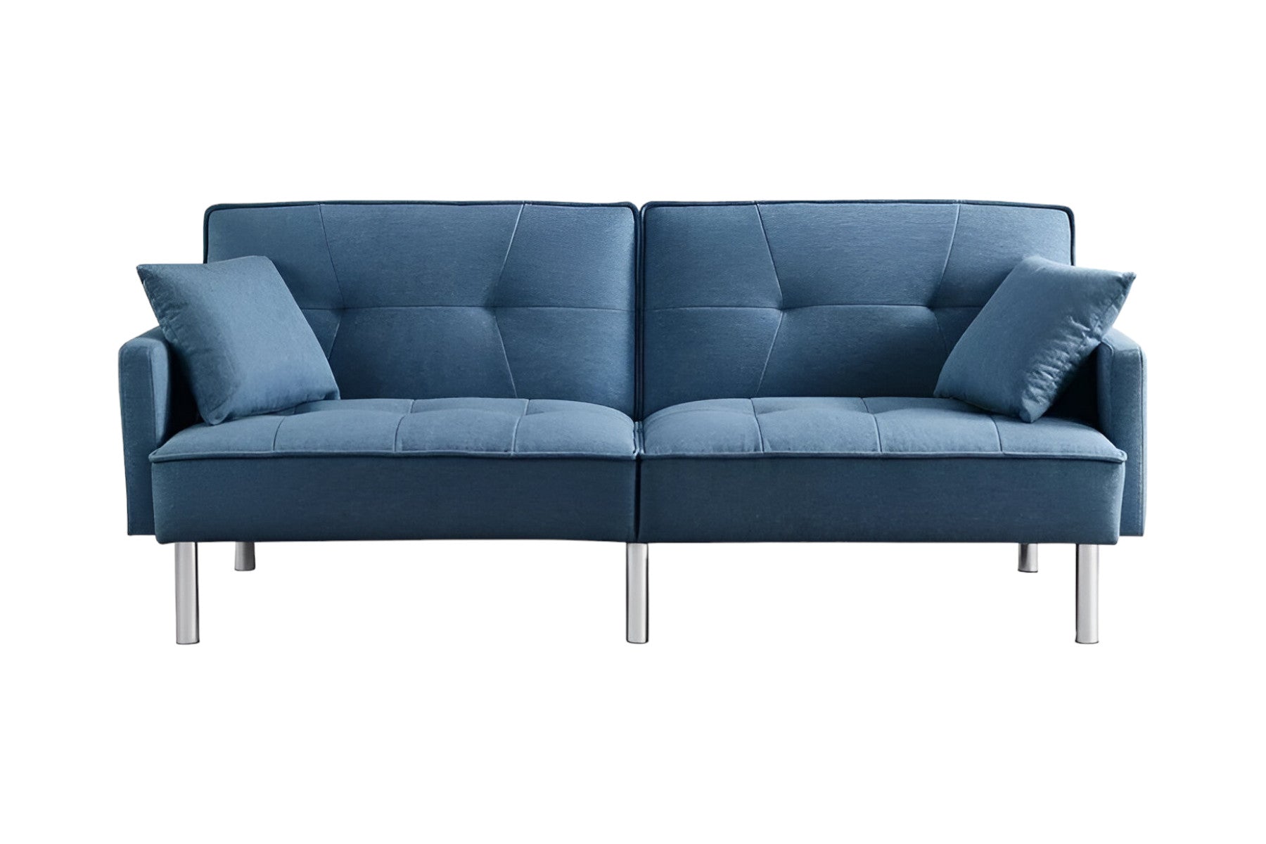 85" Blue Polyester Blend Convertible Futon Sleeper Sofa And Toss Pillows With Silver Legs - Loft&Timber