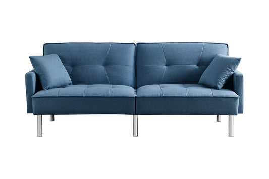85" Blue Polyester Blend Convertible Futon Sleeper Sofa And Toss Pillows With Silver Legs - Loft&Timber