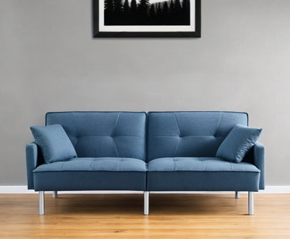 85" Blue Polyester Blend Convertible Futon Sleeper Sofa And Toss Pillows With Silver Legs - Loft&Timber