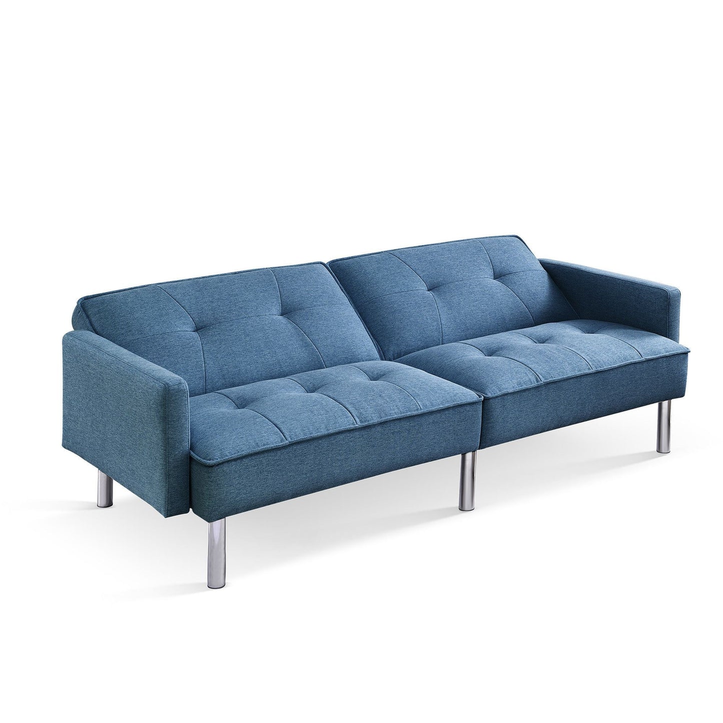 85" Blue Polyester Blend Convertible Futon Sleeper Sofa And Toss Pillows With Silver Legs - Loft&Timber