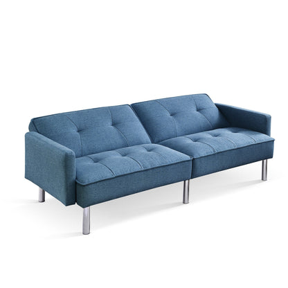 85" Blue Polyester Blend Convertible Futon Sleeper Sofa And Toss Pillows With Silver Legs - Loft&Timber