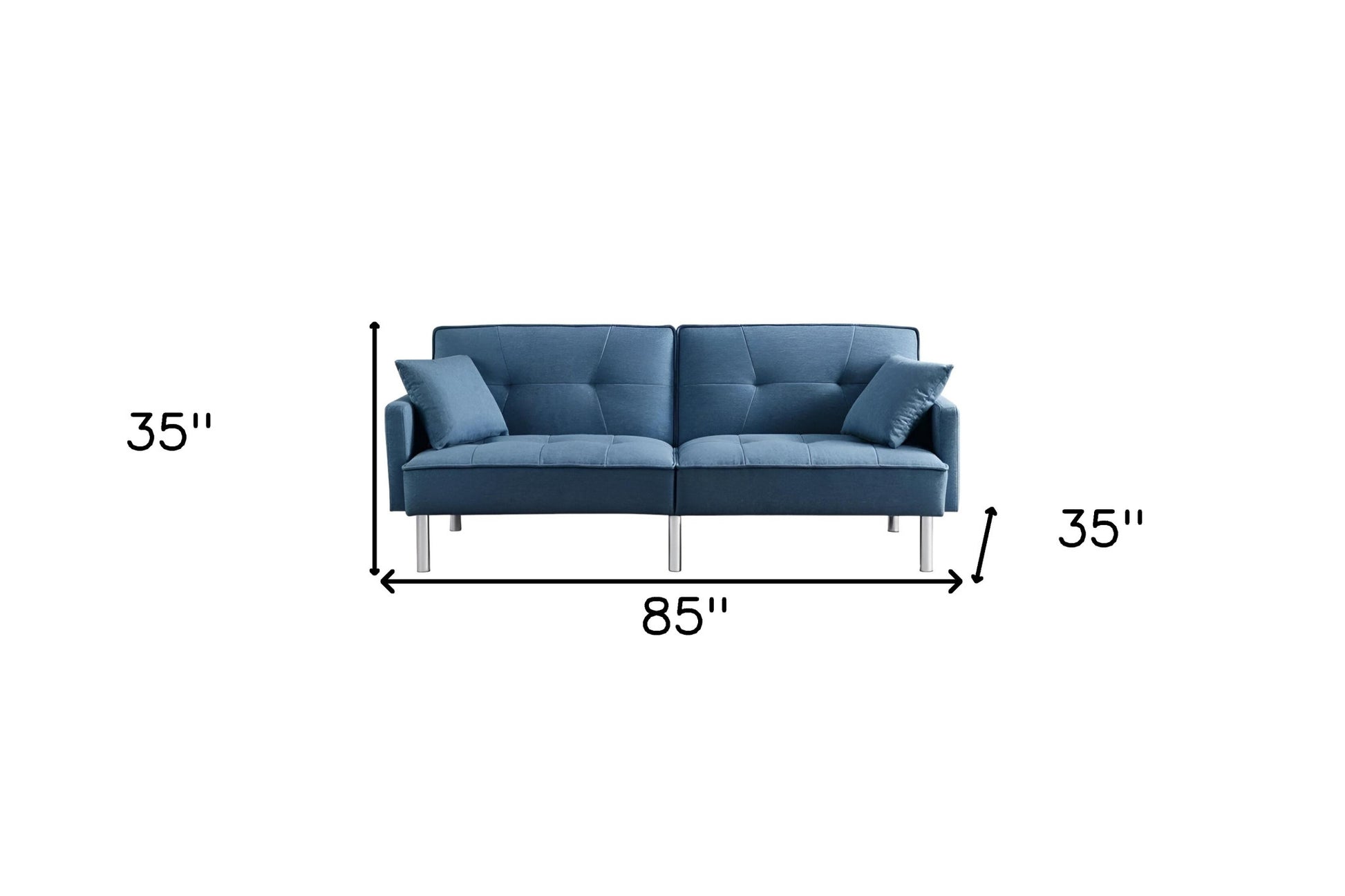 85" Blue Polyester Blend Convertible Futon Sleeper Sofa And Toss Pillows With Silver Legs - Loft&Timber