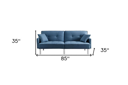 85" Blue Polyester Blend Convertible Futon Sleeper Sofa And Toss Pillows With Silver Legs - Loft&Timber