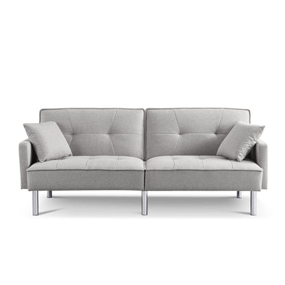 85" Light Gray Polyester Blend Convertible Futon Sleeper Sofa And Toss Pillows With Silver Legs - Loft&Timber