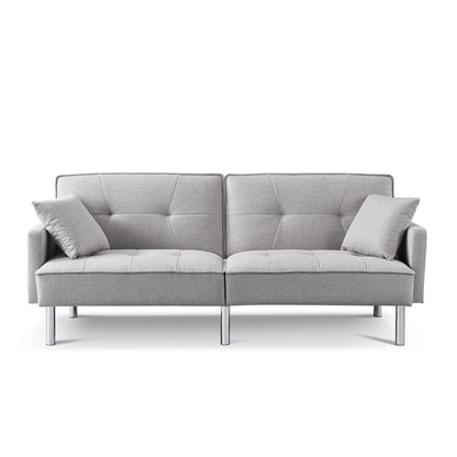 85" Light Gray Polyester Blend Convertible Futon Sleeper Sofa And Toss Pillows With Silver Legs - Loft&Timber