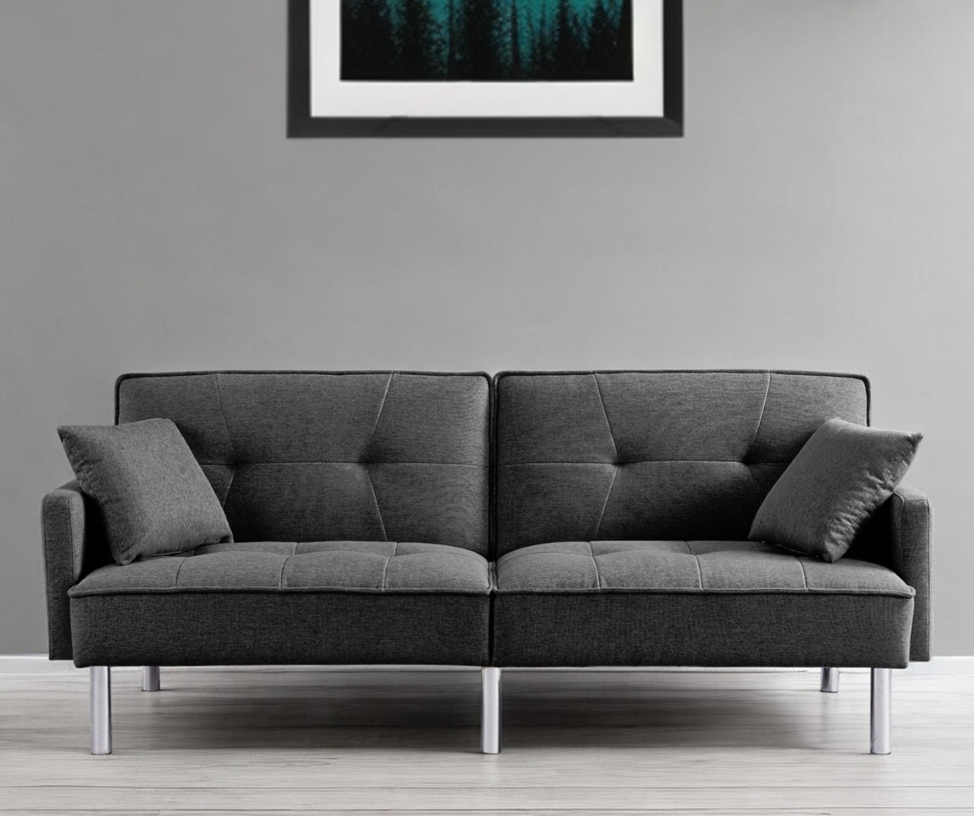 85" Dark Gray Polyester Blend Convertible Futon Sleeper Sofa And Toss Pillows With Silver Legs - Loft&Timber